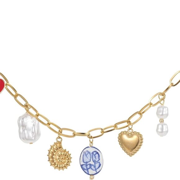 Trendy Stainless Steel Gold Plated Charm Necklace with Heart Pearl Pepper Conch - Picture 1 of 6